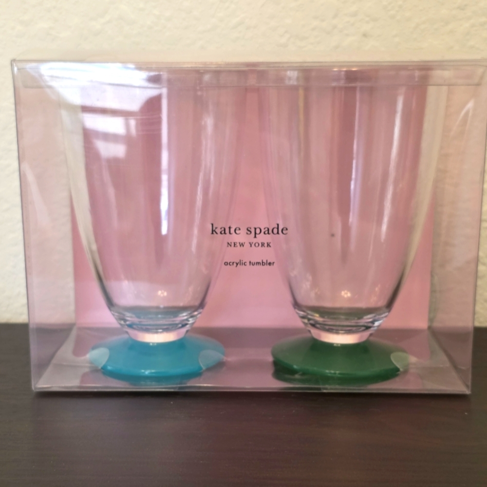 Kate Spade Acrylic Tumblers with Teal and Emerald Base Gold Tone Rim 16oz NWT
